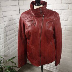 Danier Red Leather Asymmetrical Zip Jacket
